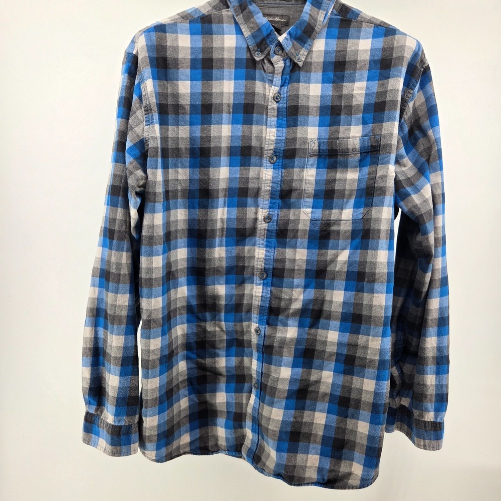 Eddie Bauer Shirt Mens Extra Large Blue Black Plaid Button Front Long‎ Sleeve